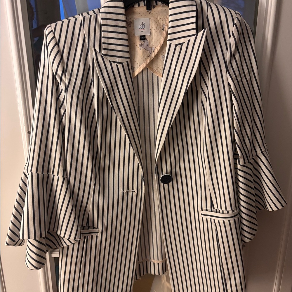 CAbi Black & White Vertical Stripe Blazer with Ruffle Sleeves